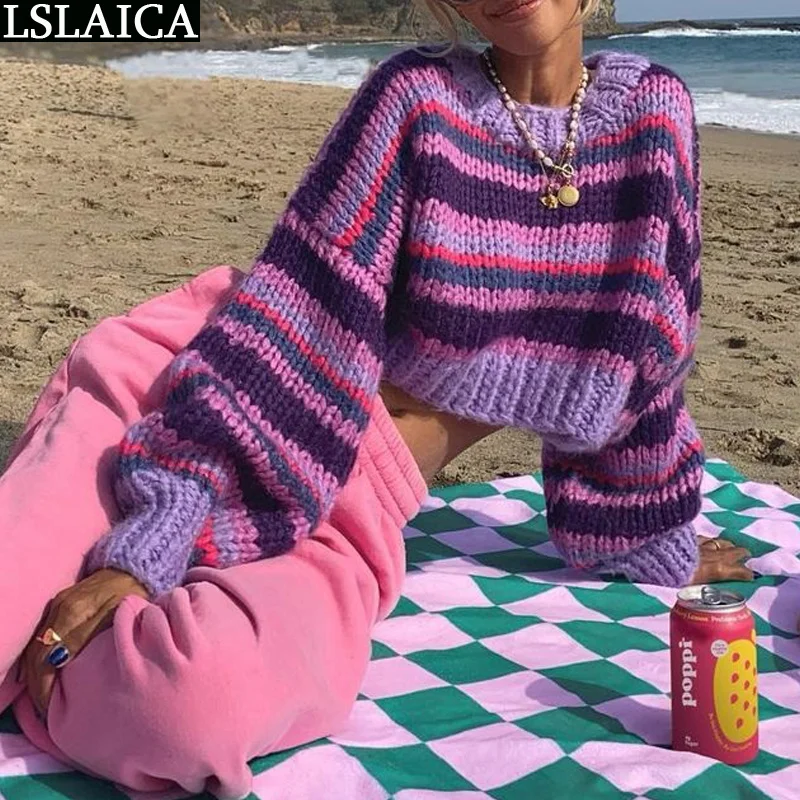 

Sweaters for Women Fashion 2022 Long Sleeve Striped Patchwork Elegant Women's Sweater Knit Autumn Winter Streetwear Ladies Tops