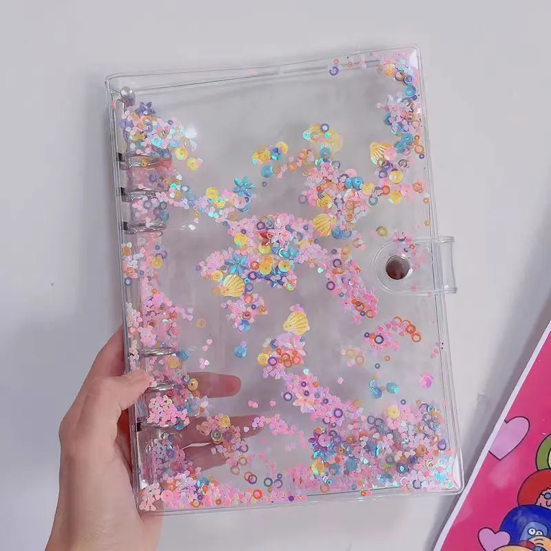 

1Piece A5 A6 Loose Leaf Binder Transparent Notebook Cover Glitter Sequins Student 6 Rings File Folder Planner Simple Diary Shell
