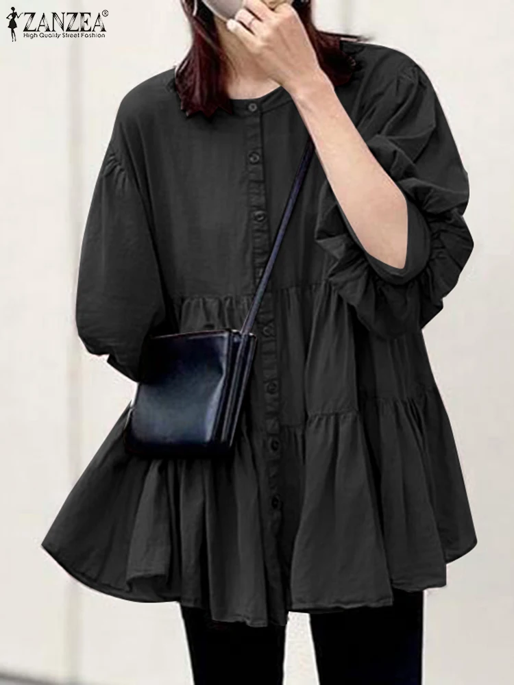

ZANZEA Women Half Puff Sleeve Blouses 2023 Summer Fashion Tops Elegant Round Neck Shirts Casual Loose Solid Multi-layer Blusas