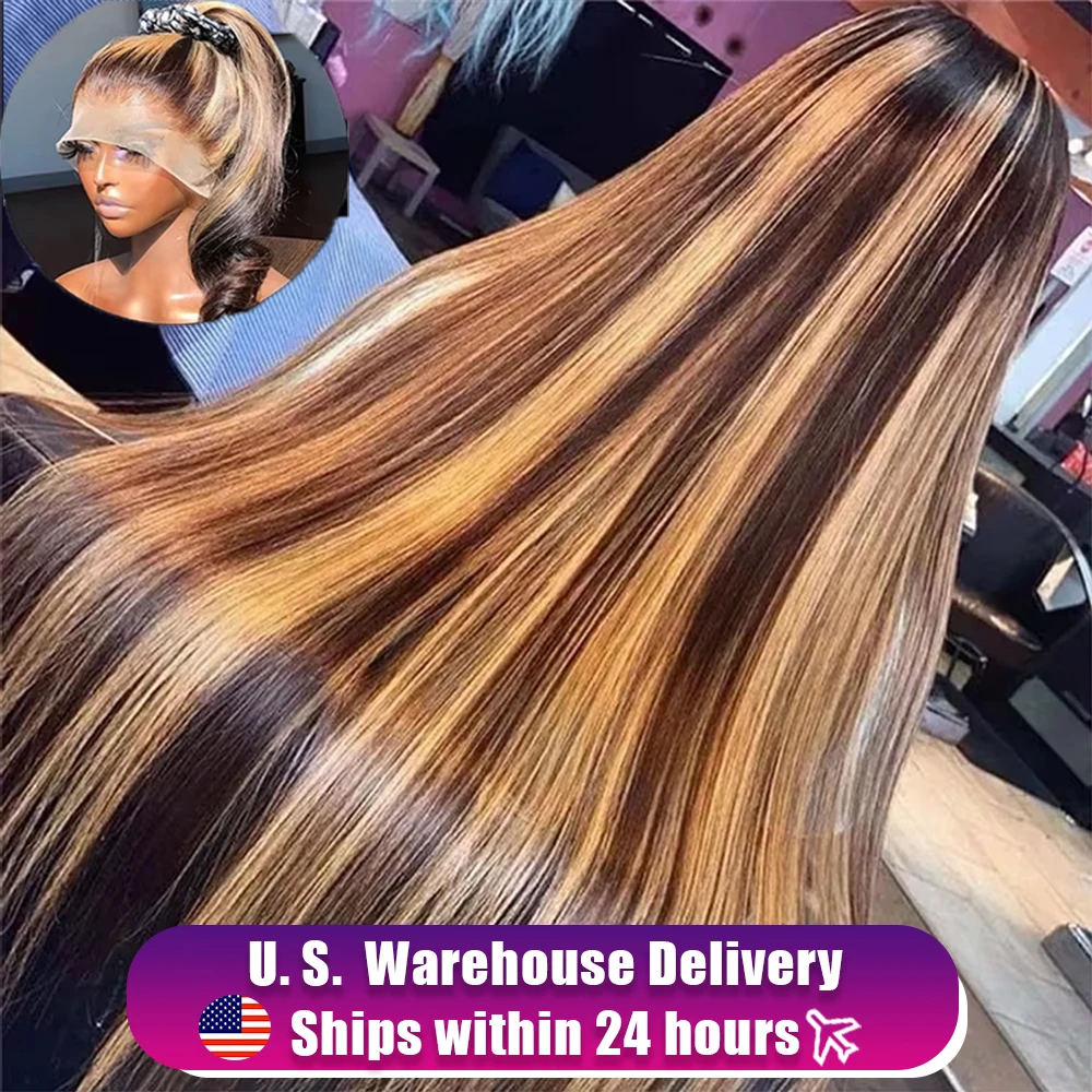 220Density Highlight Wig 360 Full Straight Lace Front Human Hair Wigs PrePlucked 4/27 Colored 13x6 Brazilian Hd Lace Frontal Wig