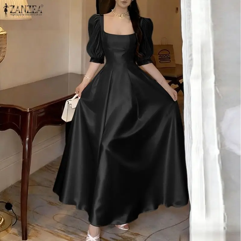 ZANZEA Elegant Stylish A Line Party Dress Women Square Neck Short Puff Sleeve Sundress Mesh Patchwork Dresses Waisted Robe 2026 1