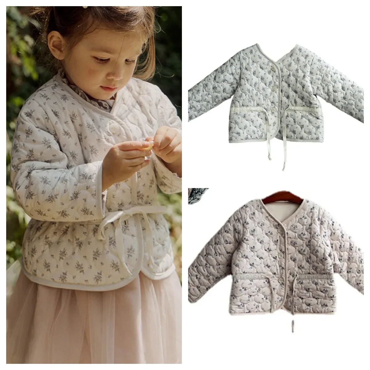 Winter New Girls Cute Print Parkas Fragmented Flowers Waist Children's Cotton Coat