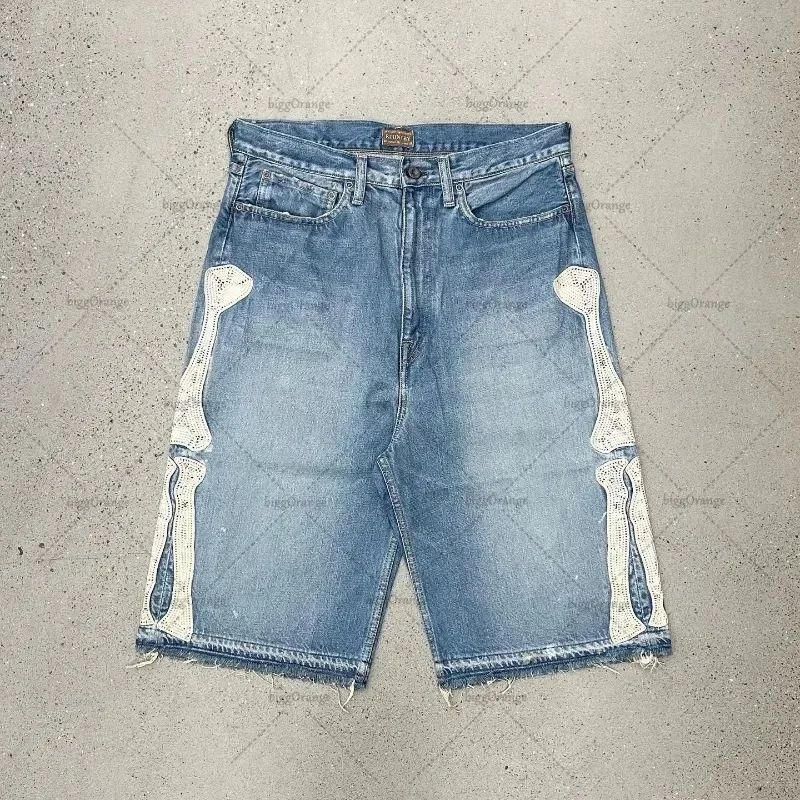 2024 European and American Summer Retro Skeleton Denim Shorts Sports Casual Shorts New Couple Wear Street Wear Five-Fifth Pants 4