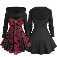 ROSEGAL Plus Size Women's Blouses Bat Moon Star Flocking Patchwork Cross Pointelle Hollow Out Jacquard Long Sleeves Hooded Tops