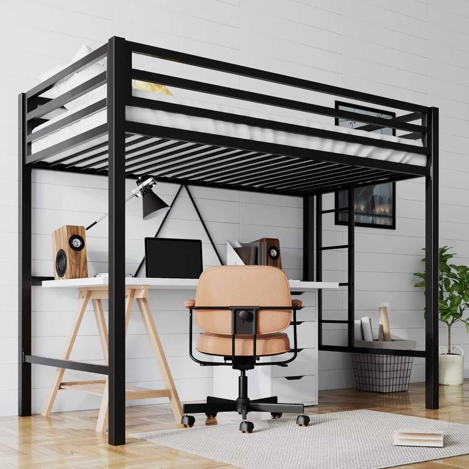 Twin loft bed Twin Loft Bed with Desk Charging Station Storage Shelves LED Lights Music Sync Safe Guardrail & Wooden Ladder