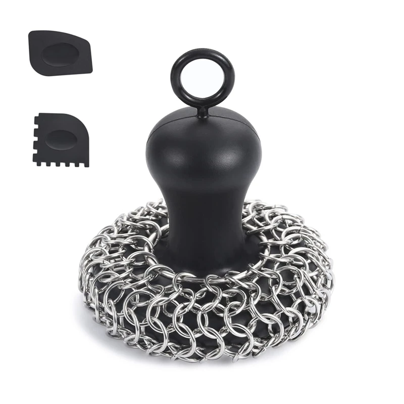 

Cast Iron Chainmail Scrubber + Pan Scraper, Stainless Steel Skillet Cleaner, Scraper Tool For Cast Iron Pans Washable Black