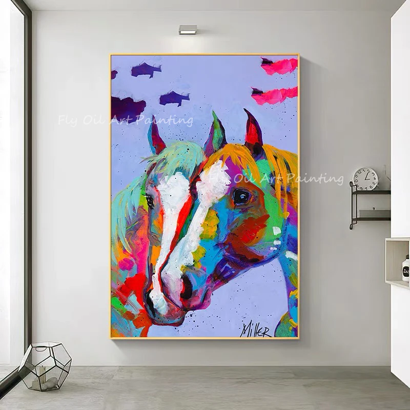 

100% Handmade high quality colorful horse face picture artwork abstract oil painting for office living room gift ufnrame