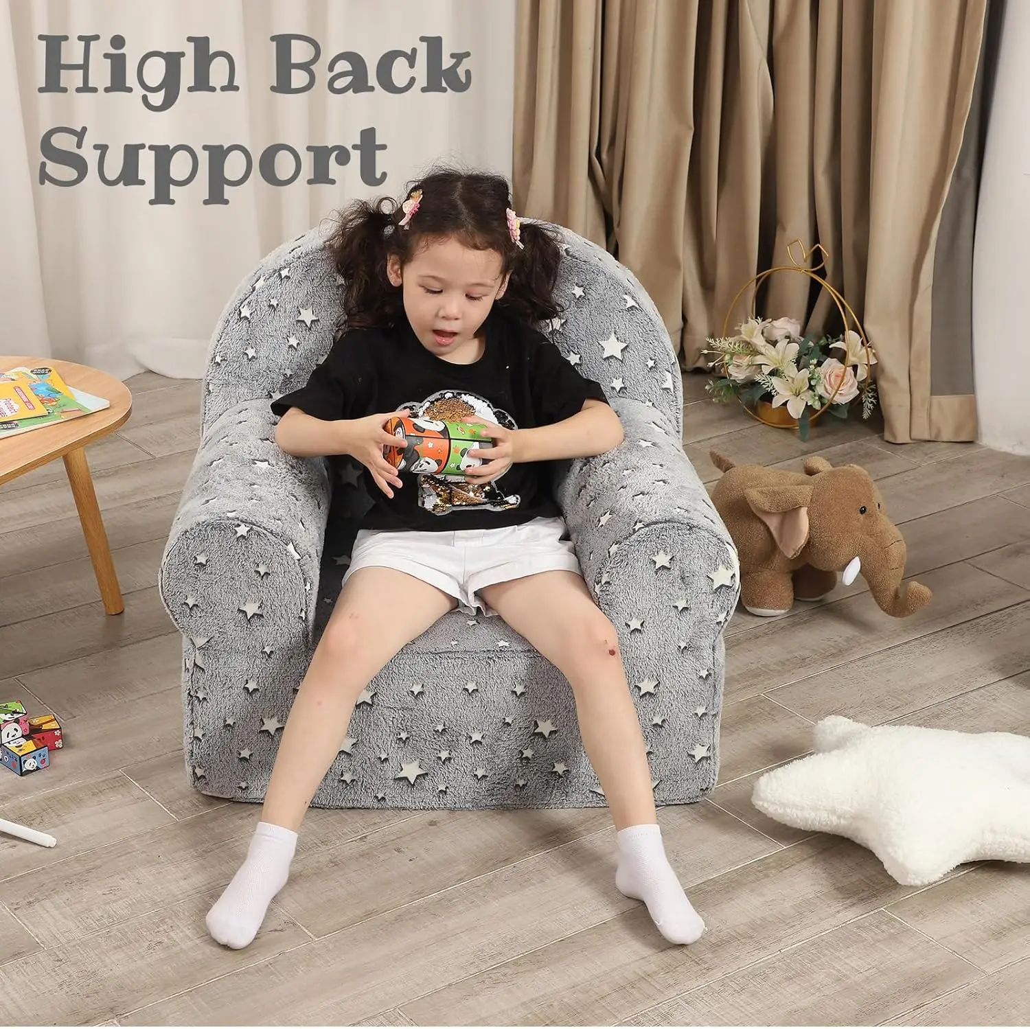 Little Star Kids Sofa with Star Throw Pillow, High Back Toddler Chair Glow in The Dark for Boys and Girls, Grey 5