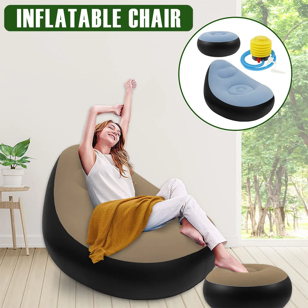 Inflatable Chair with Ottoman Leisure Bean Bag Lazy Sofa Set Portable Flocked Surface Air Sofa Comfortable Outdoor Blow Up Couch