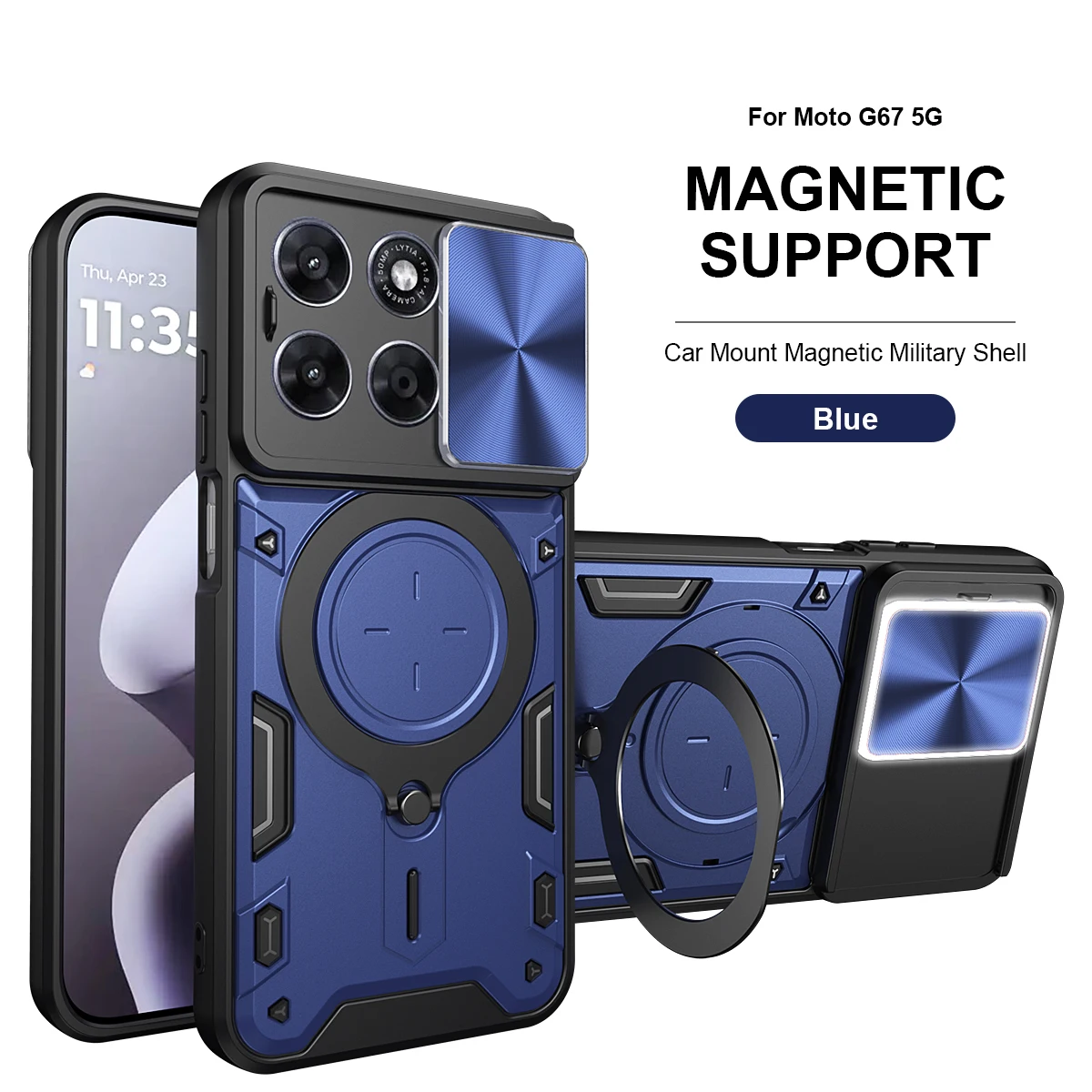 Heavy Duty Rugged Armor Phone Case with Magnetic Bracket and Slide Camera Protection Cover