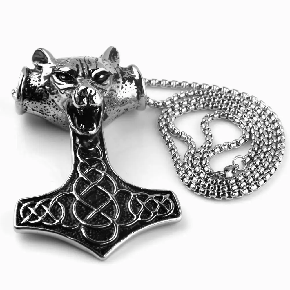 

Men's Stainless Steel Necklace Nordic Viking Wolf Head Thor's Hammer Large Size Pendant Necklace Punk Jewelry