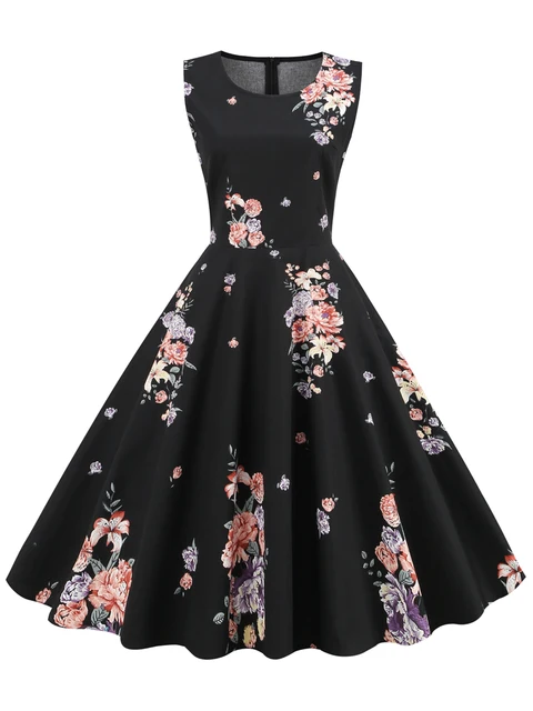 Tonval élégant années 50 Robe rétro vêtements Pinup été Robe florale col rond sans manches femmes coton Vintage imprimé robes