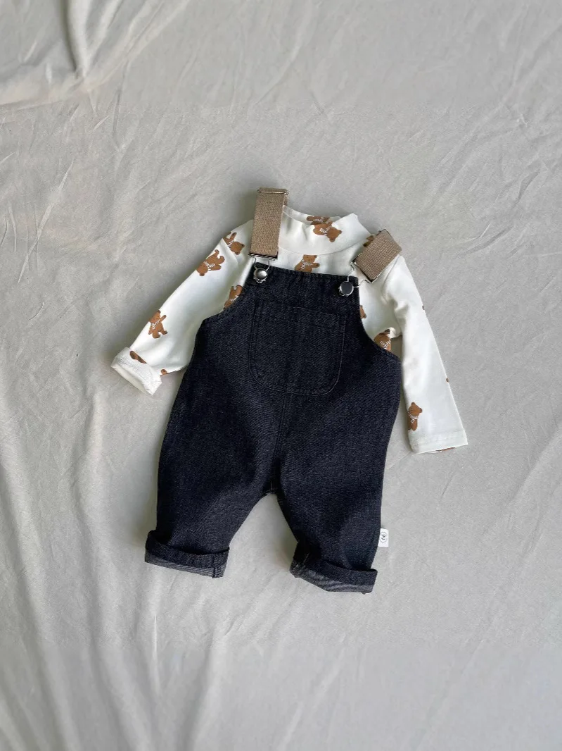 2025 Spring New Baby Fashion Denim Overalls Infant Boy Loose Strap Trousers Girls Solid Versatile Casual Pants Toddler Jeans