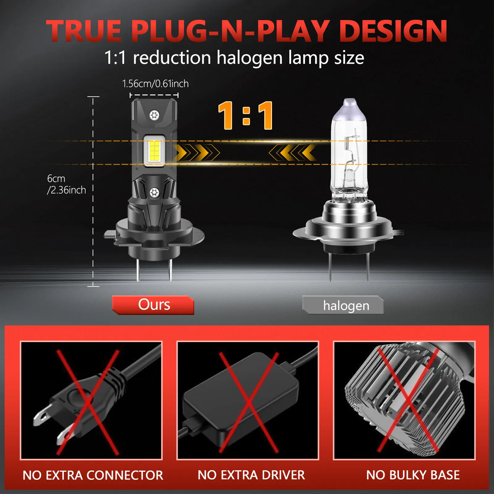 H7 LED 캔버스 라이트 1:1 미니 사이즈 자동차 헤드라이트 팬 포함 18000LM 초고휘도 무선 터보 안개등 전구 6500K 자동차 램프