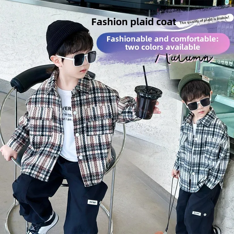Trendy Plaid Shirt Jacket for Boys Spring Children's Handsome Korean Version Small Children Fashionable Top Trend