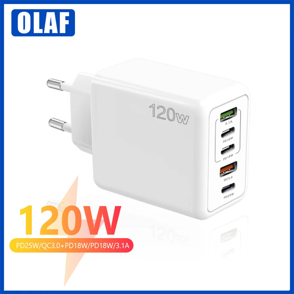 

120w Charger Dual USB A+ 3Type C PD Fast Charging Mobile Phones Adapters For Xiaomi iPhone Huawei Samsung Cellphones Accessories