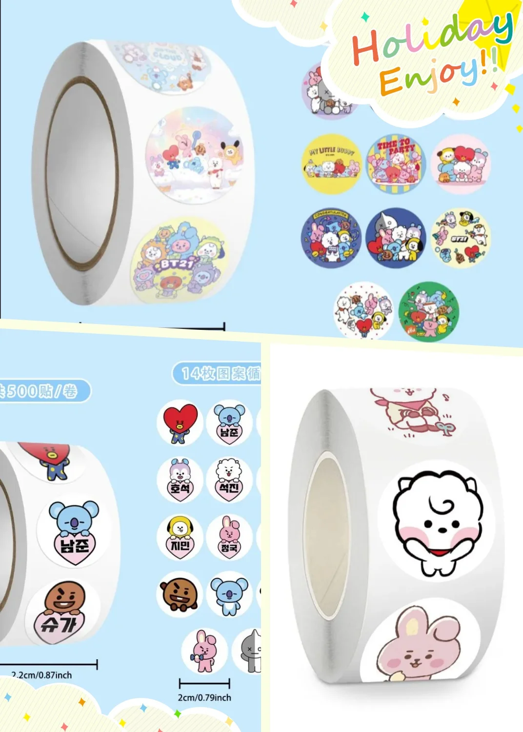 500 Stück BT21 Rollaufkleber Niedliche Cartoon-Puppen Selbstklebende Aufkleber Modische Dekoration DIY Scrapbooking Geburtstagsgeschenk für Fans ﻿