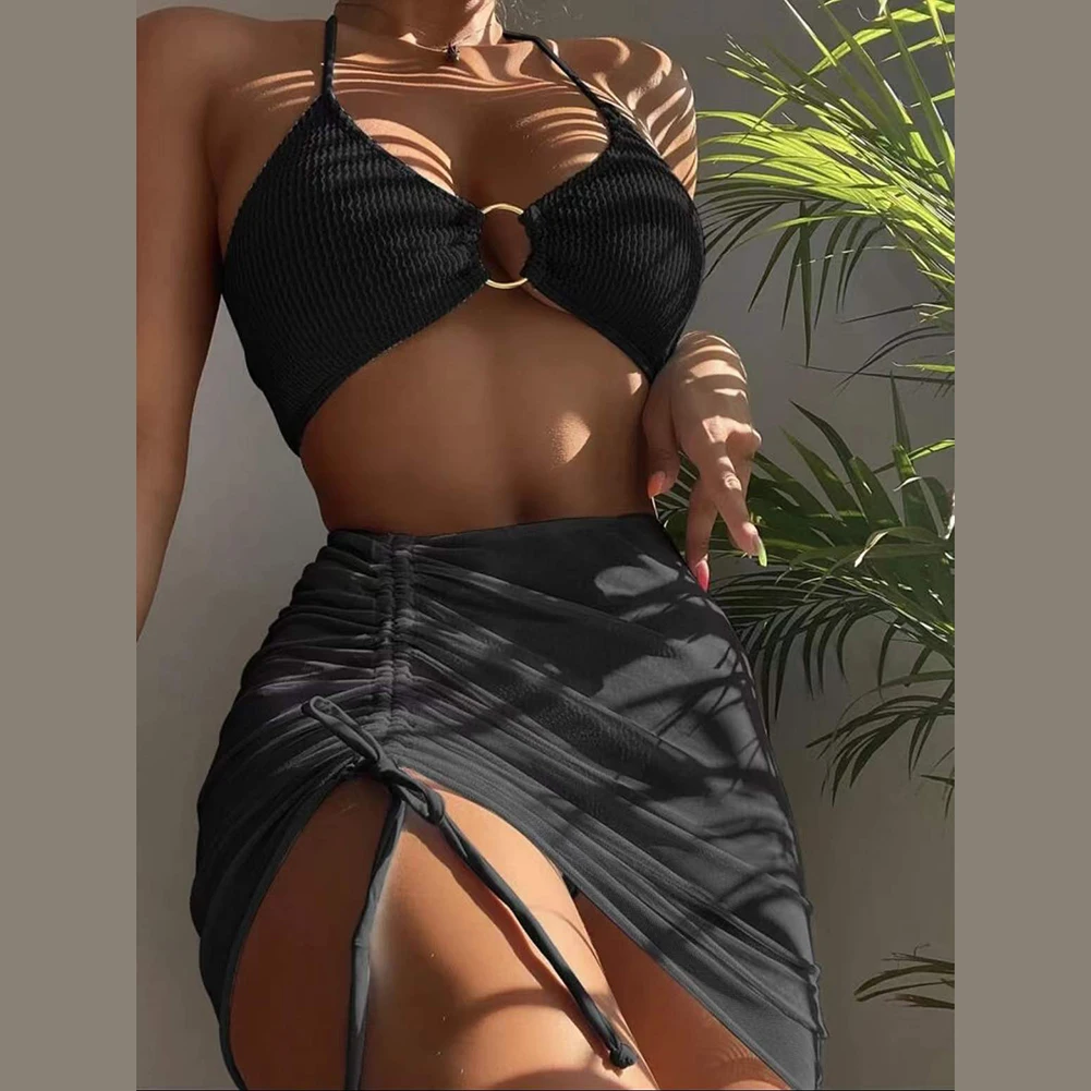 Bathing Suit Bikini Set Daily Leisure Elastic Halterneck Lace-up Metal Ring Solid Color Three-Piece Fashionable