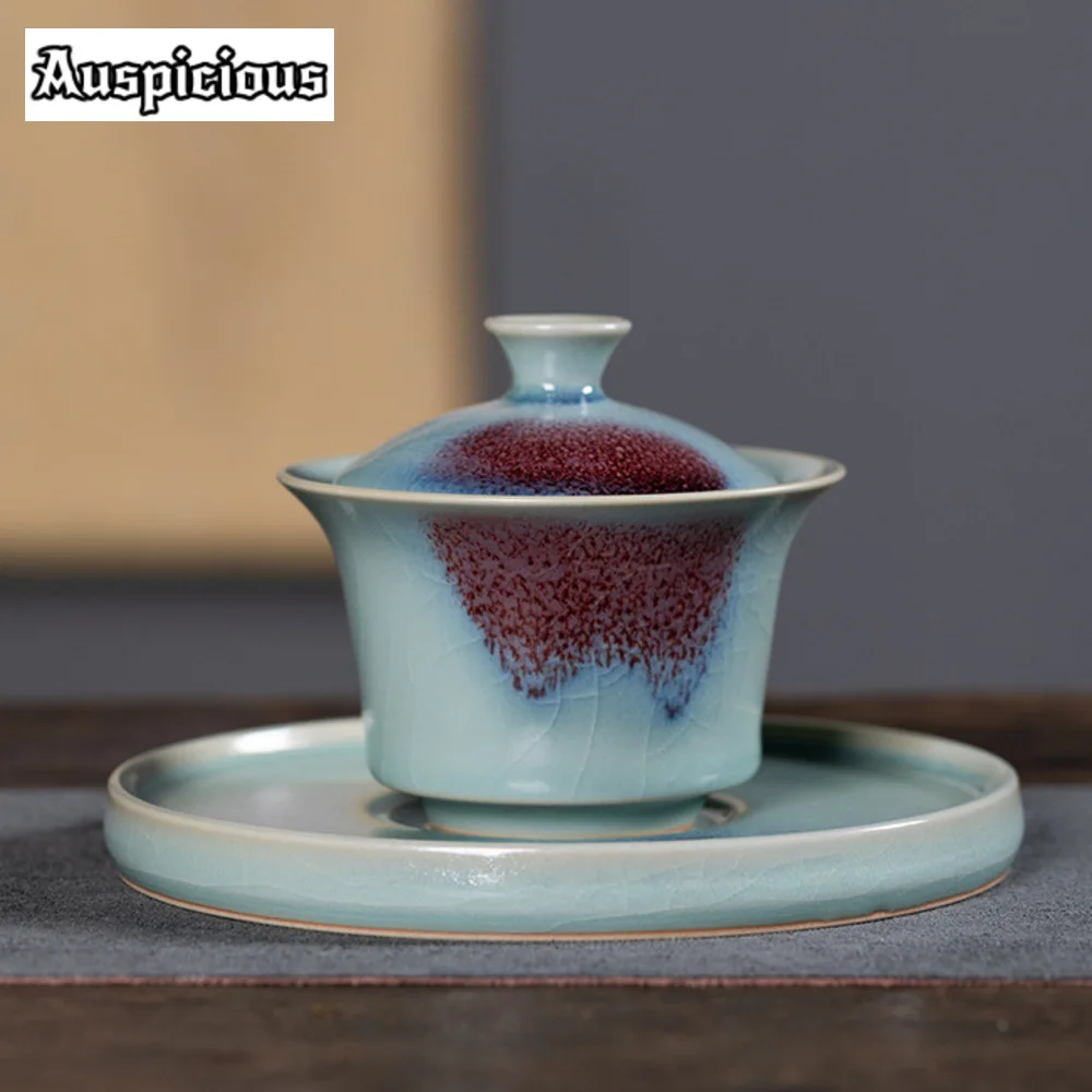 180ml Handmade Longquan Celadon Gaiwan Jun Kiln Kung Fu Tea Cover Bowl Tea Tureen Making Cover Bowl Chinese Set Ornament
