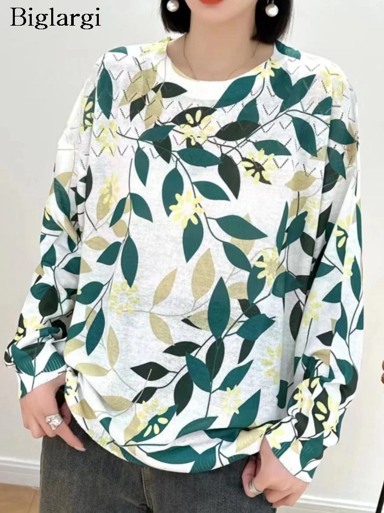 

Knitted Pullover Oversized Spring Floral Print Tops Women Fashion Casual Loose Pleated Ladies Sweaters Long Sleeve Woman Tops