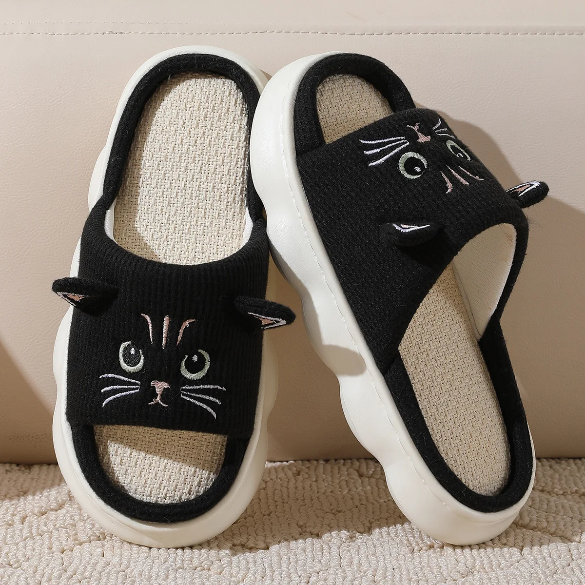 Smile 2024 Summer New Non-slip Breathable Sweat-absorbing Linen Slippers Women Thick-soled Four-season Cotton And Linen Slippers 4