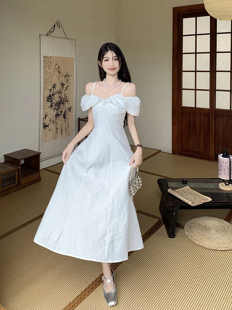 

Summer New French Elegant Midi Dress Vintage Women Ruffles One Piece Sundress Lady Fashion Evening Prom Party Vestidos Robe