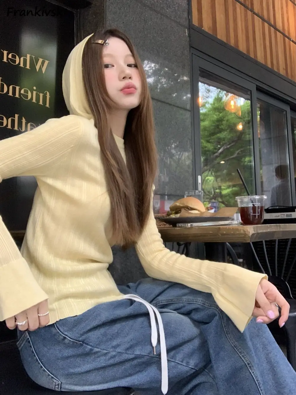 

Hooded Sweaters Women Y2k High Street Slim Stretchy All-match Solid Fashion Autumn New Stylish Knitwear Teens Flare Sleeve Chic