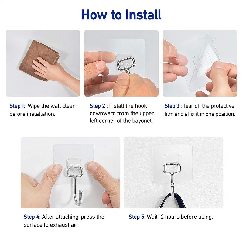 Adhesive Hooks Large 5Pcs 40kg Waterproof Rustproof for Bathroom Kitchen