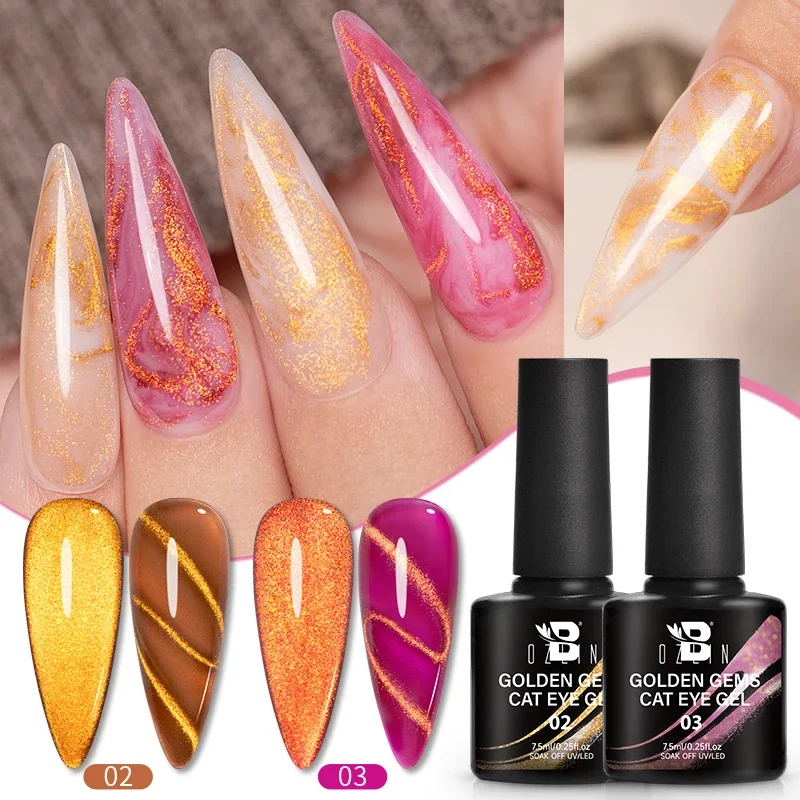 BOZLIN  7.5ml Golden Gems Magnetic Gel Nail Polish Autumn Maillard Colors Cat Eye Gel Soak Off UV Gel Semi-Permanent Nail Art