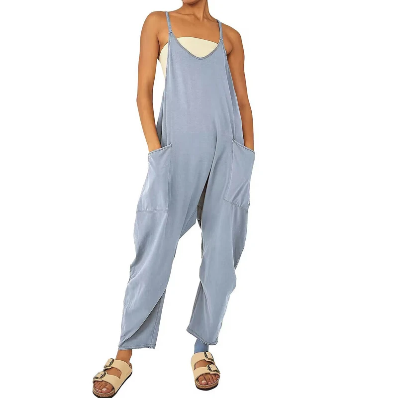 2023 Summer Casual Fashion Solid V-neck Pockets Sleeveless Harajuku Streetwear Overalls Jumpsuit for Women Simple Loose Rompers