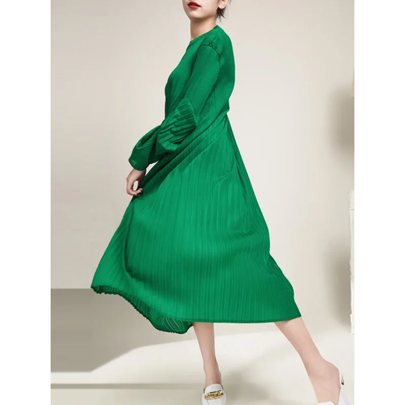 

ALSEY Pleated elegant party dresses for women 2023 Simple Solid Color Long Sleeves Round Neck Loose Female Aesthetic Clothing