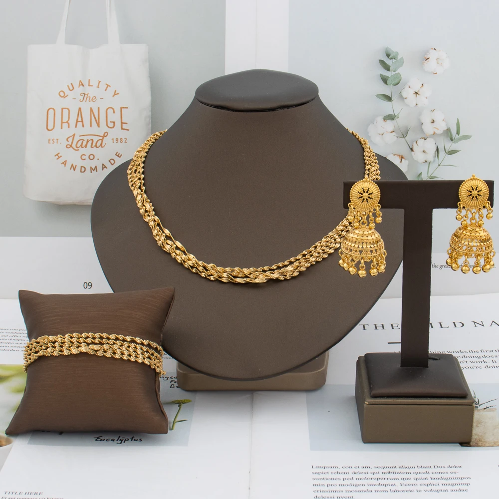 

New Fashion Earrings Necklace Chain for Women Luxury Lady Italian African Gold Color Jewelry Set Dubai Arab Earrings Bracelet