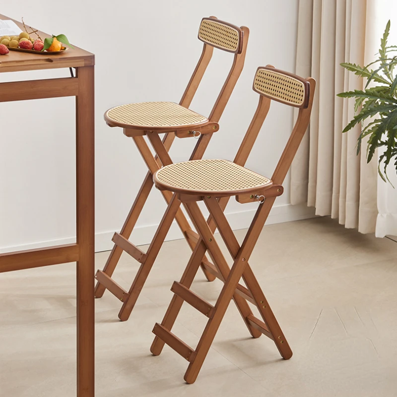  Foldable Rattan Barstool for Coffee Cashiers Portable Dining Chair Casual Bar Counter Leisure Seat Living Room Furniture