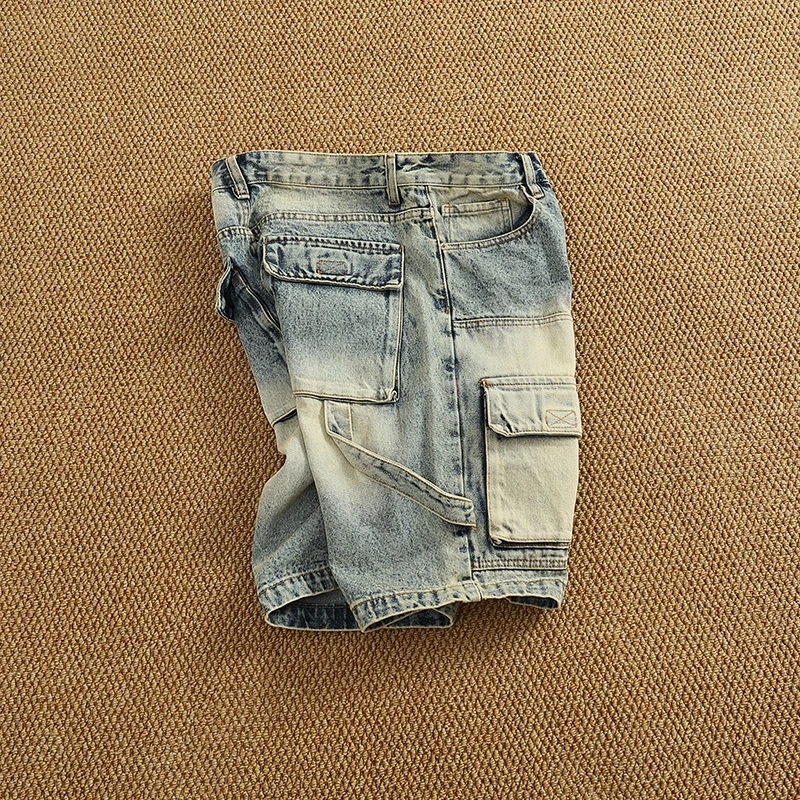 Summer new popular denim medium pants fashion men high street trend fashion baggy multi-pocket cargo quarter pants