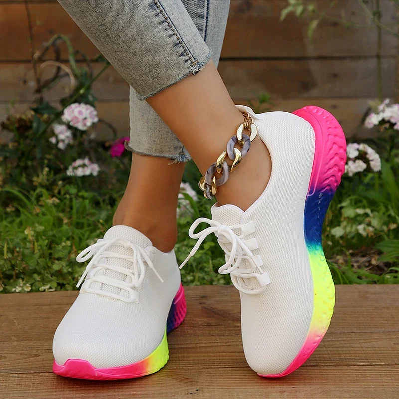 Rainbow Bottom Sneaker Shoes Women Lace-Up Breathable Mesh Casual Shoes Woman Outdoor Non-Slip Flats Chaussure Femme Zapatillas