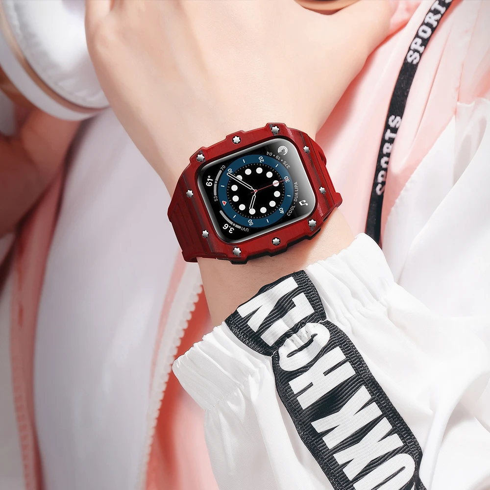 Modification Kit Strap for Apple Watch 8 7 6 5 4 SE Rubber Strap+Carbon Fiber/Ceramic Case for iWatch Series 45mm 44mm 40mm 41mm