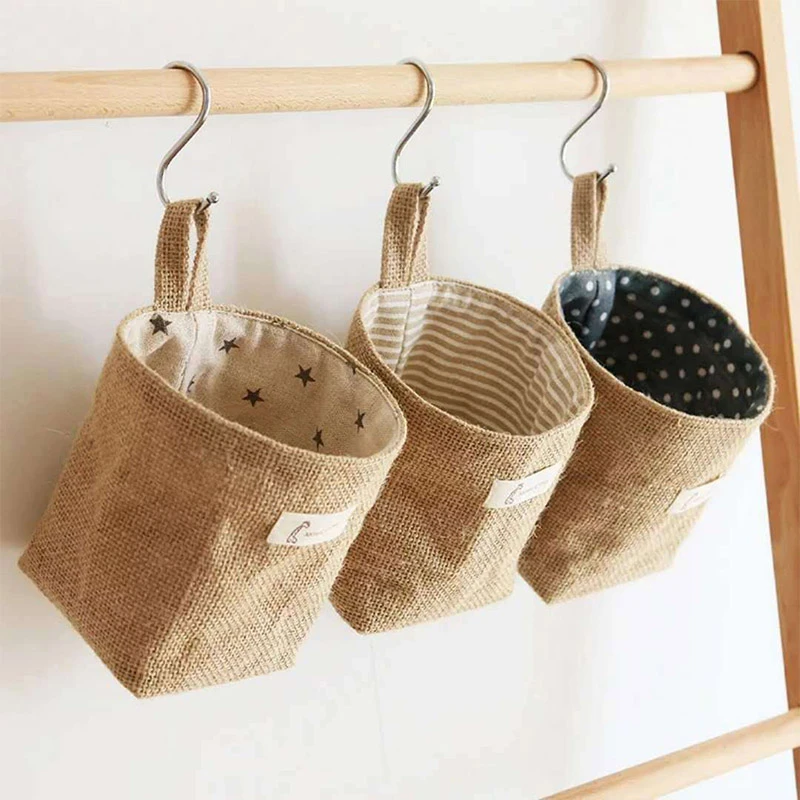 Jute Cotton Linen Storage Bag Desktop Storage Basket Hanging Pocket