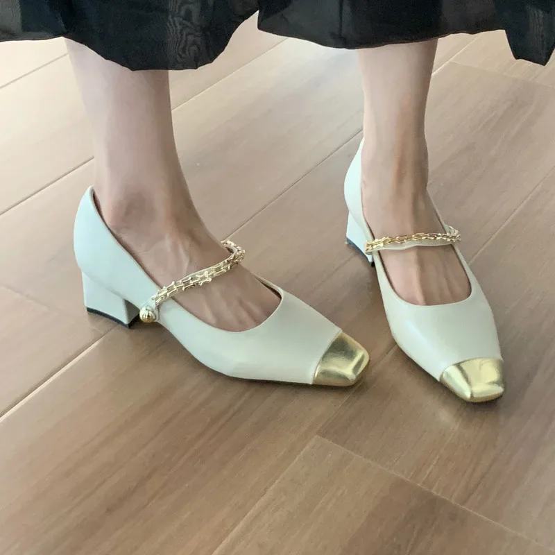 

2024 Women Square Toe Mary Janes Shoes Spring New Mid Heels Shoes Designer Brand Dress Elegant Shoes Chunky Pumps Zapatos Mujer
