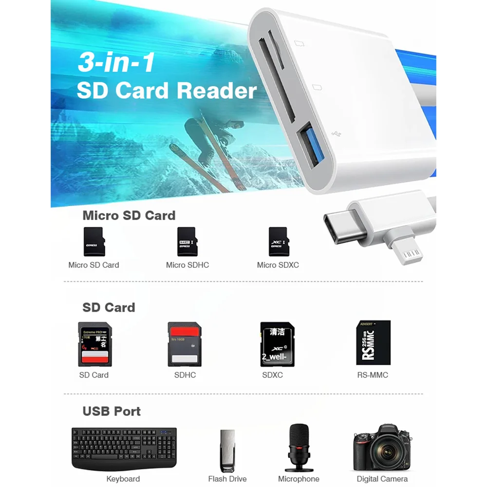 3 in 2 타입-C 라이트닝-SD TF USB A 메모리 카드 리더 어댑터 (노트북, 아이폰 17, 16 호환) 다기능 스마트 카드 리더