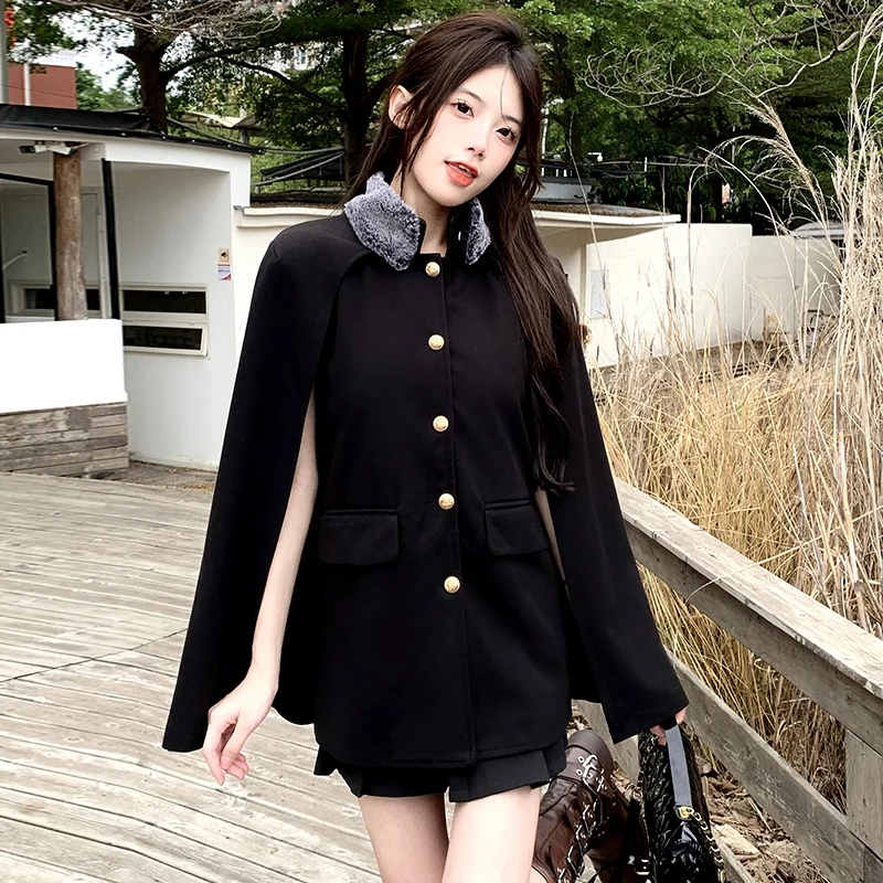 

Women's Jacket Capes Retro Turndown Collar Woolen Buttons Coat Female Autumn Winter New Single-breasted Cloak Tops Ponchos