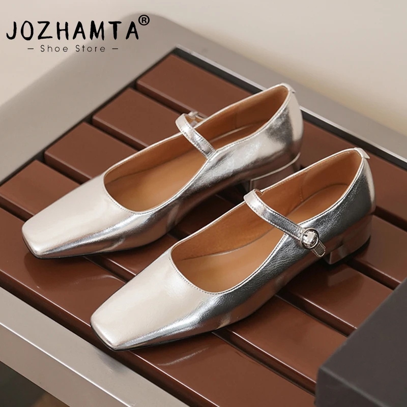 JOZHAMTA Size 32-42 Women Pumps Genuine Leather Chunky Heels Shoes For Women 2023 Buckle Strap Low Heel Sandalias Casual Shoes