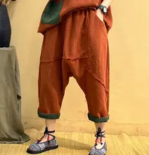  Women Pants 2022 Summer Retro Spliced Casual Flax Trousers Ladies New Elastic Waist Simple Cross Pants 