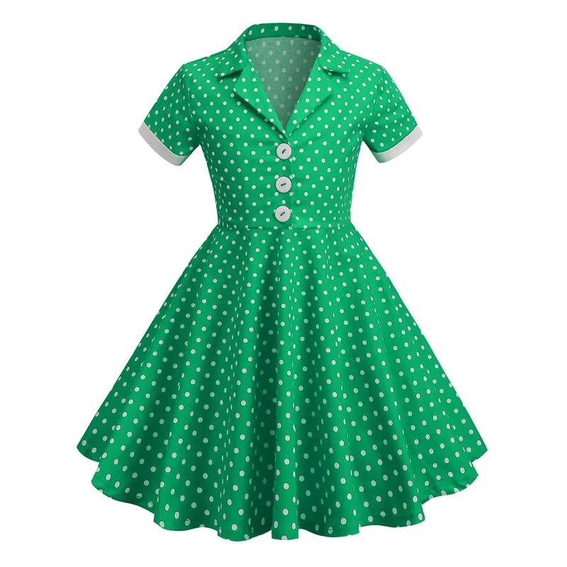 Kids Vintage Swing Belt Rockabilly Prom Party Dresses Baby Doll Neck European American Girls Retro Princess Dress Children Skirt