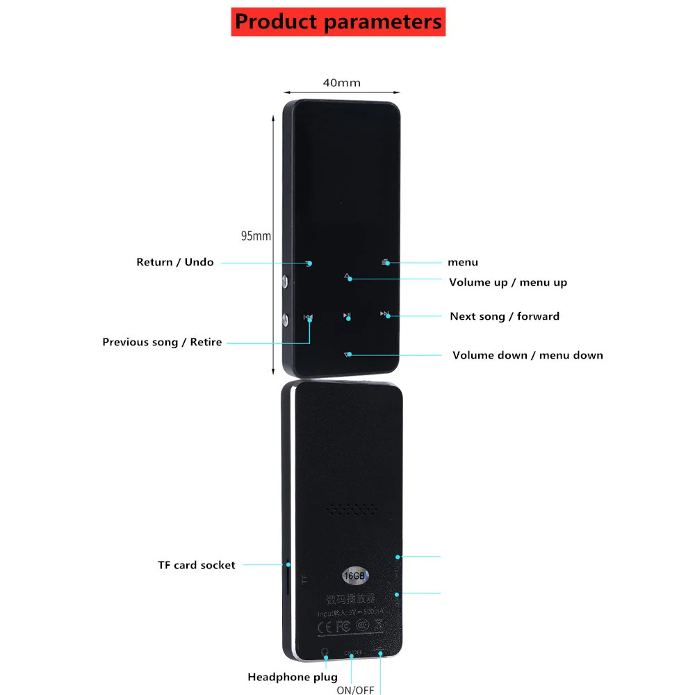 1.8 Metal MP3 Walkman Bluetooth MP4 Music Player TF Card Built-in 16GB Pluggable Lossless Touch Screen