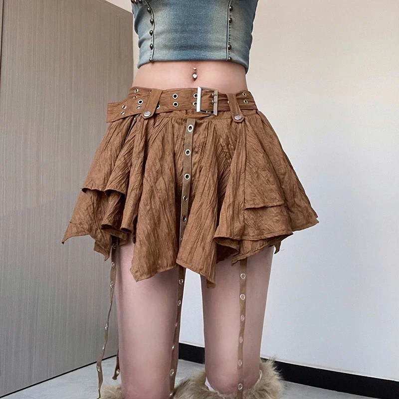 Harajuku Women Retro Irregular Belt Mini Skirts Gothic Punk Low Waist Sashes Pleated Ruffles Skirt with Shorts Y2K Beach Skirts dghisre women y2k retro low waist skirts tie up irregular ruffle pleated short skirt summer grunge gothic 2000s aesthetic skirts