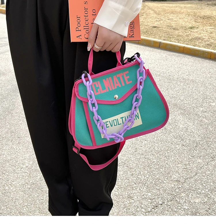 Canvas Women's Shoulder Bag Chain Casual Totes Contrast Color Ladies Crossbody Bag Trend Letter Print Fashion Designer Handbags