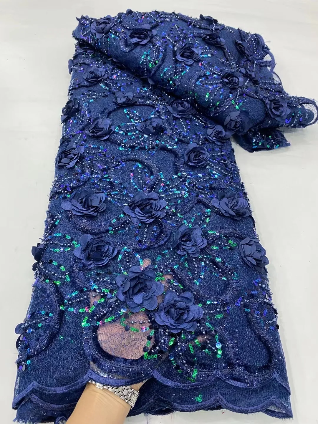 

Navy Blue French Handmade Sequins 3D Applique Flower Tulle Lace Fabric African Pearl Mesh Fabric For Women Evening Party Dresses