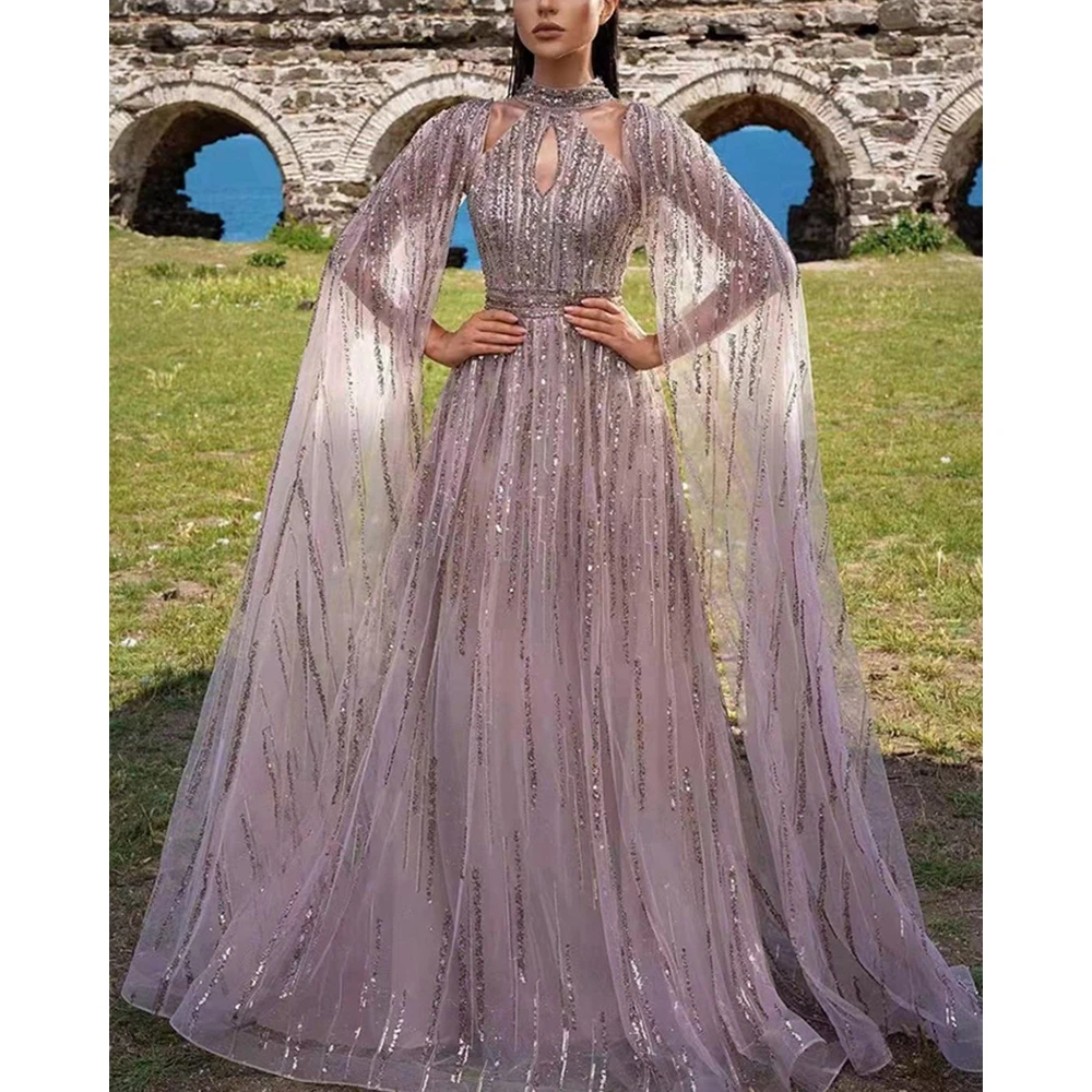 2024 Summer Women Sequins Extra-Long Sleeve Cutout Maxi Dress Femme Evening Party Elegant Dress Lady Wedding Outfits Bridesmaid