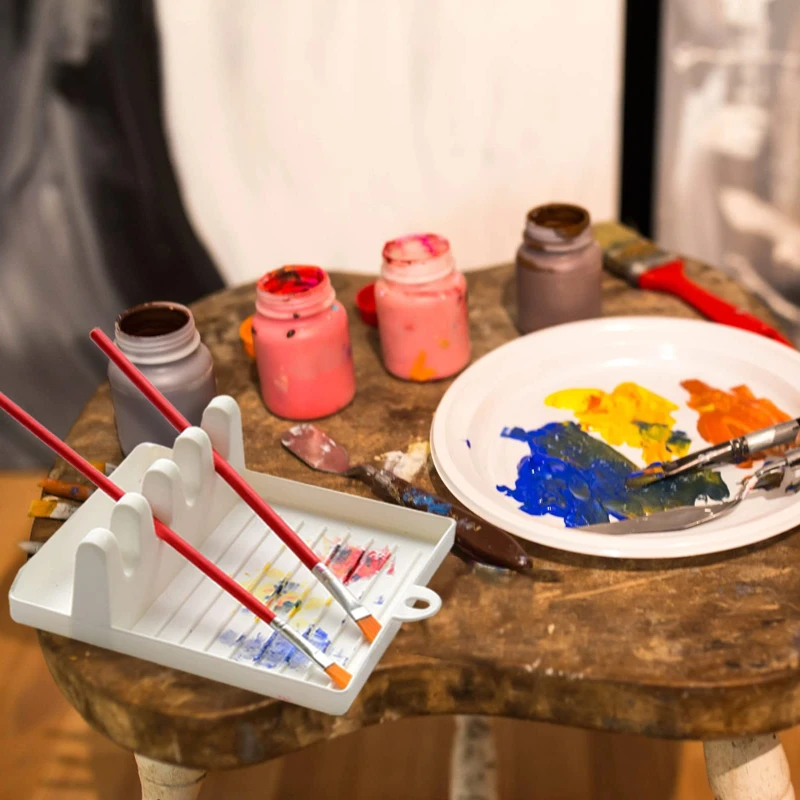 1pc 4-Slot Plastic Paint Brush Holder - Space-Saving Tension-Mounted Palette Tray with Polished Finish,Easy-Clean Art Organizer