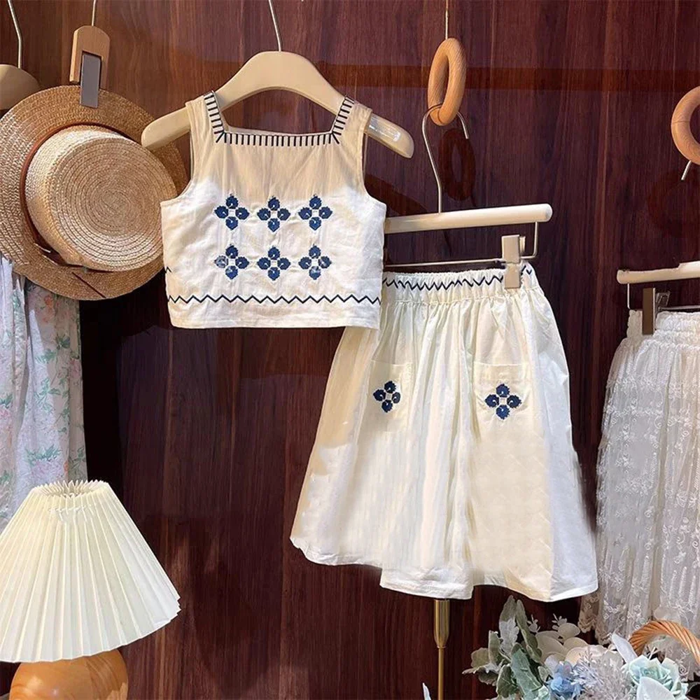 سترة علوية ومطرزة بدون أكمام وتنورة للفتيات ، مجمو...